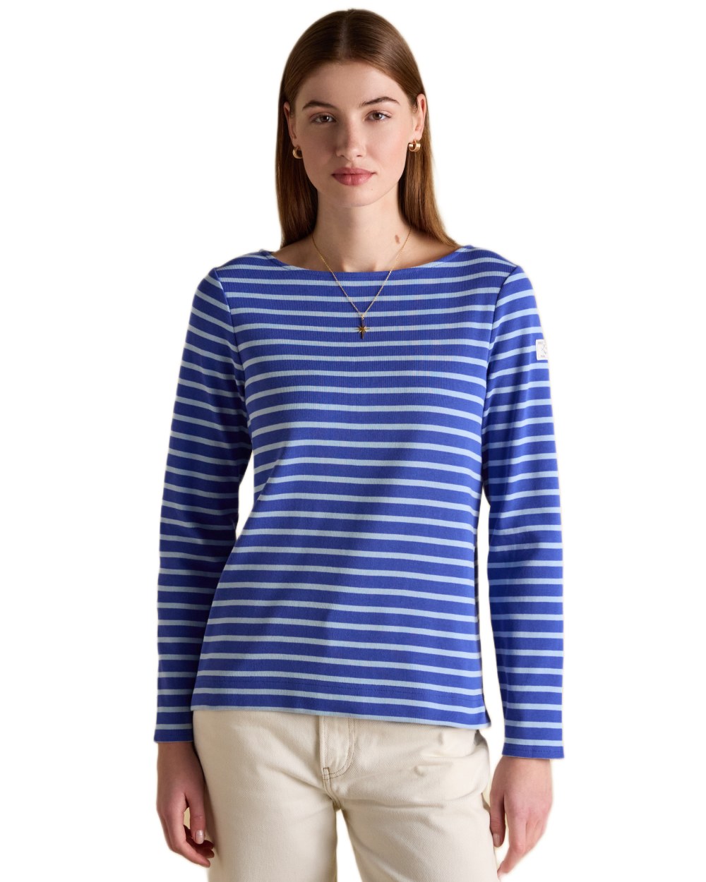 Blue Navy Stripe coloured Joules Womens Harbour Long Sleeve Striped Boat Neck Breton Top on white background