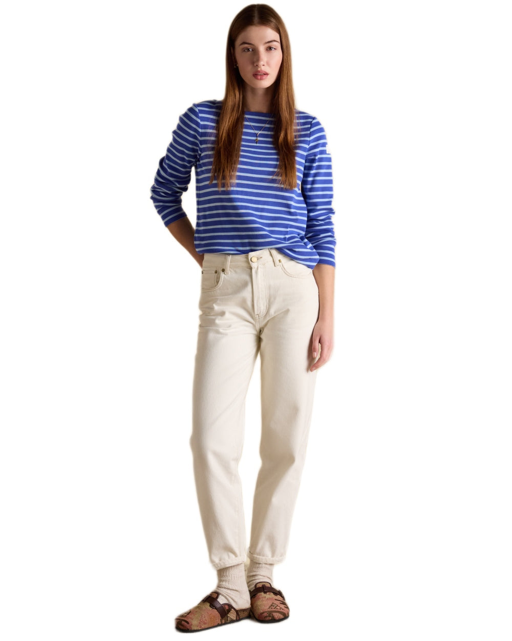 Blue Navy Stripe coloured Joules Womens Harbour Long Sleeve Striped Boat Neck Breton Top on white background