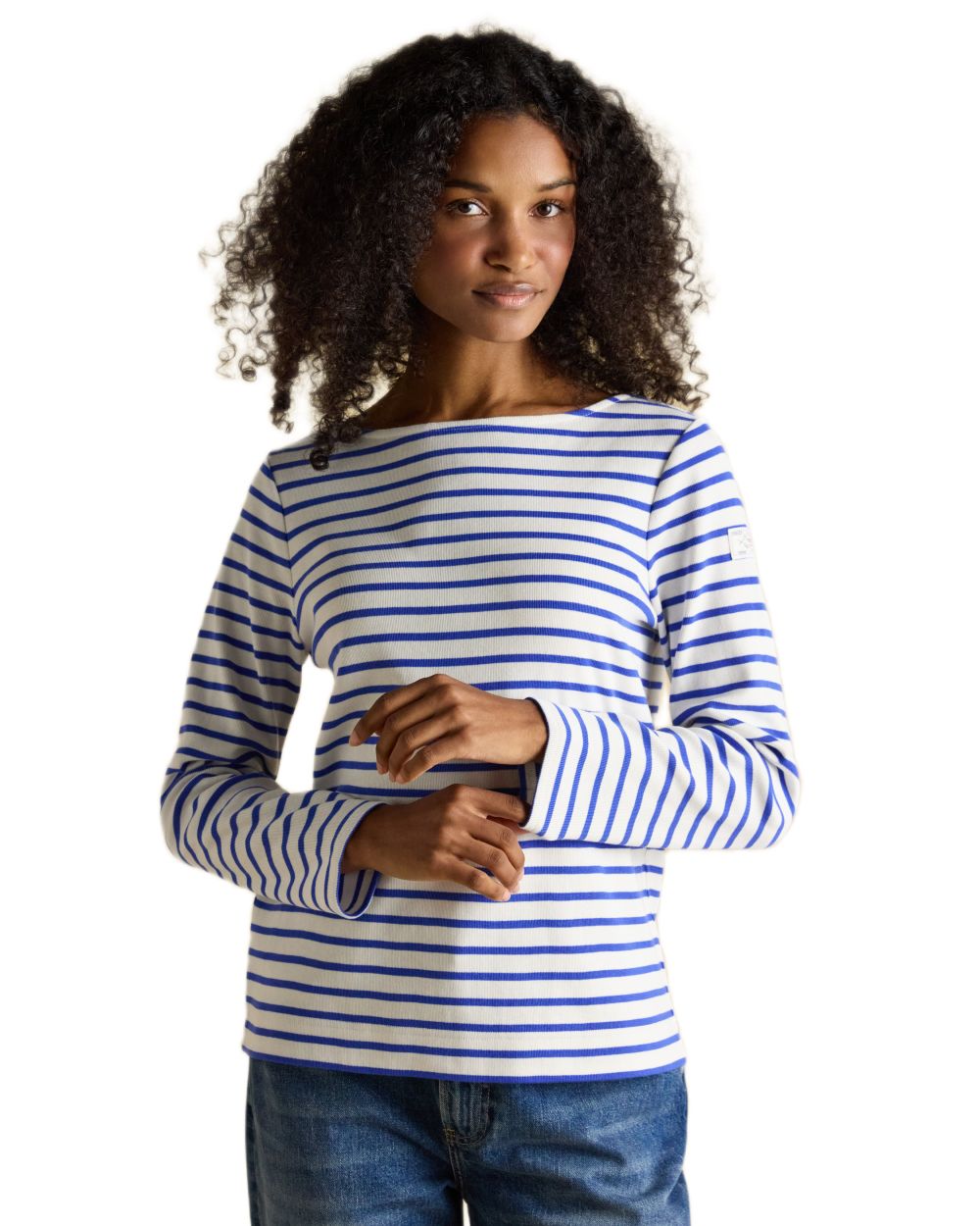 Blue Stripe coloured Joules Womens Harbour Long Sleeve Striped Boat Neck Breton Top on white background