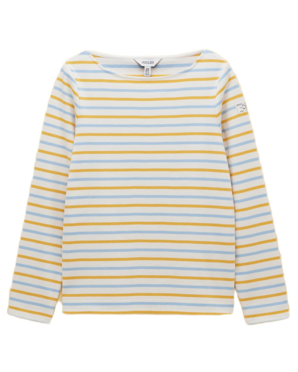Blue yellow Stripe coloured Joules Womens Harbour Long Sleeve Striped Boat Neck Breton Top on white background