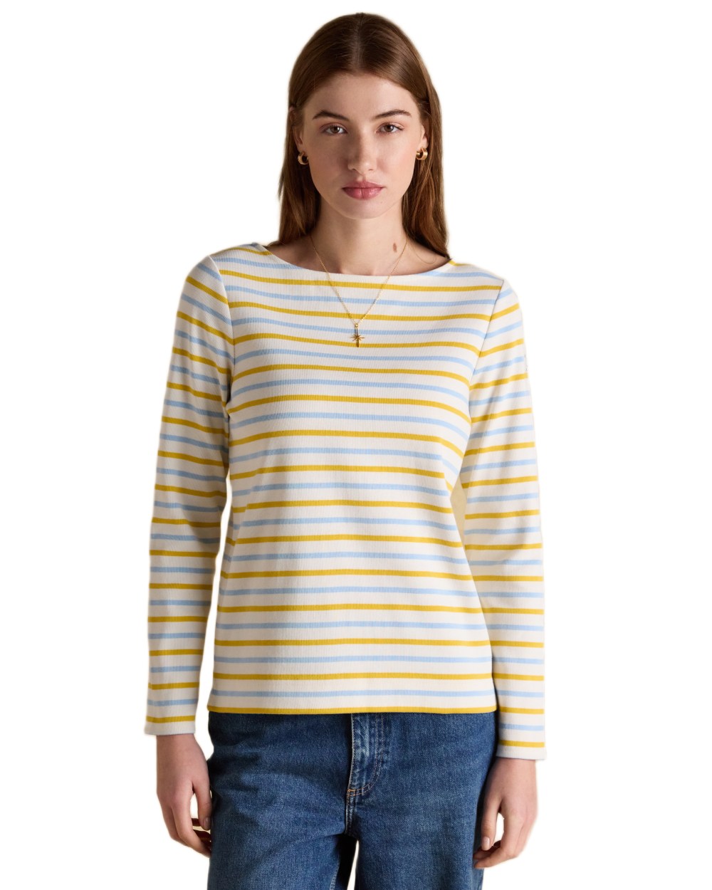 Blue yellow Stripe coloured Joules Womens Harbour Long Sleeve Striped Boat Neck Breton Top on white background