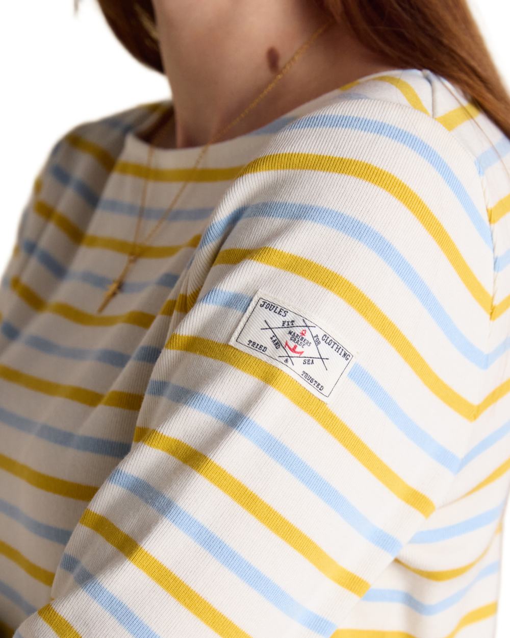 Blue yellow Stripe coloured Joules Womens Harbour Long Sleeve Striped Boat Neck Breton Top on white background