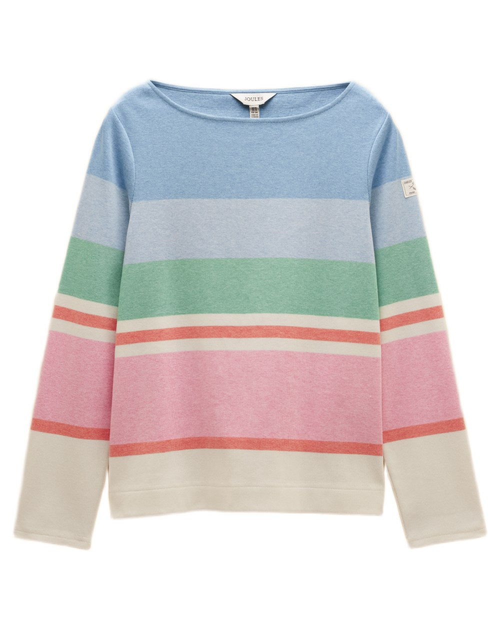Cream Multi Stripe coloured Joules Womens Harbour Long Sleeve Striped Boat Neck Breton Top on white background
