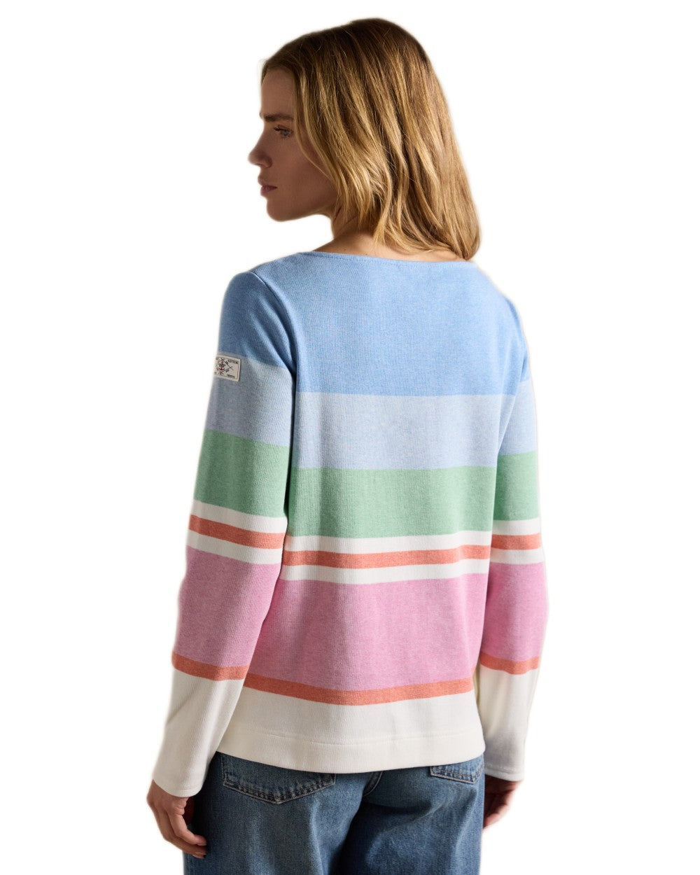 Cream Multi Stripe coloured Joules Womens Harbour Long Sleeve Striped Boat Neck Breton Top on white background