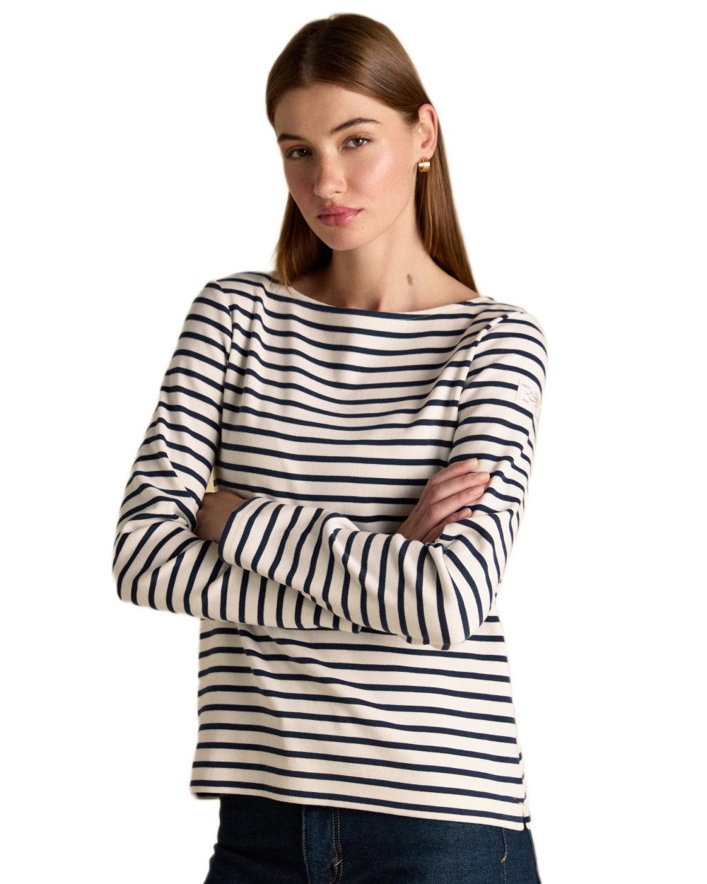 Cream Navy coloured Joules Womens Harbour Long Sleeve Striped Boat Neck Breton Top on white background