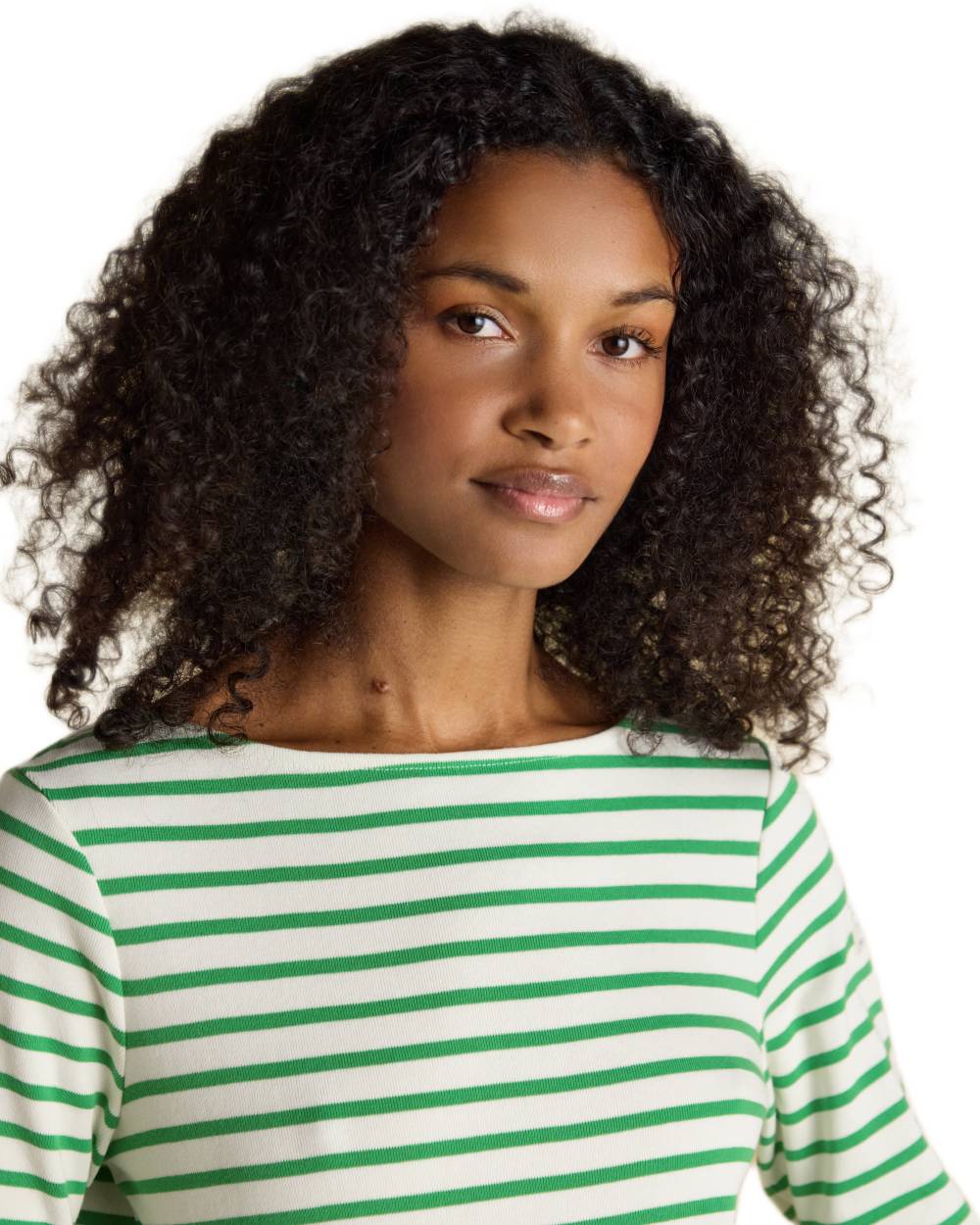 Green Stripe coloured Joules Womens Harbour Long Sleeve Striped Boat Neck Breton Top on white background