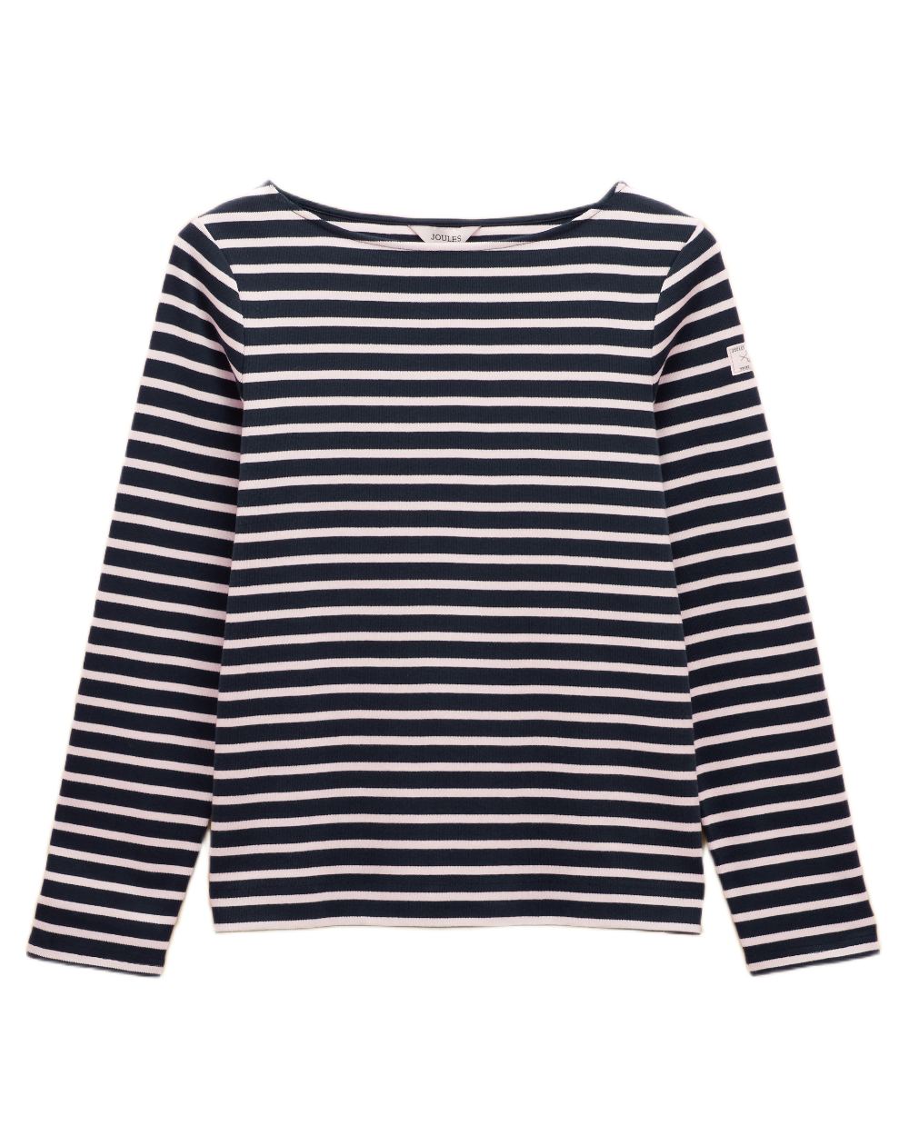 Navy White coloured Joules Womens Harbour Long Sleeve Striped Boat Neck Breton Top on white background