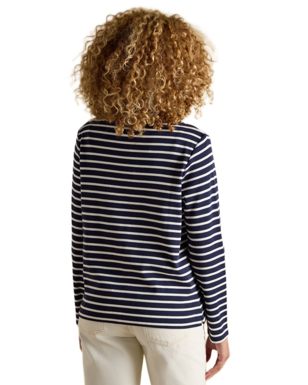 Navy White coloured Joules Womens Harbour Long Sleeve Striped Boat Neck Breton Top on white background