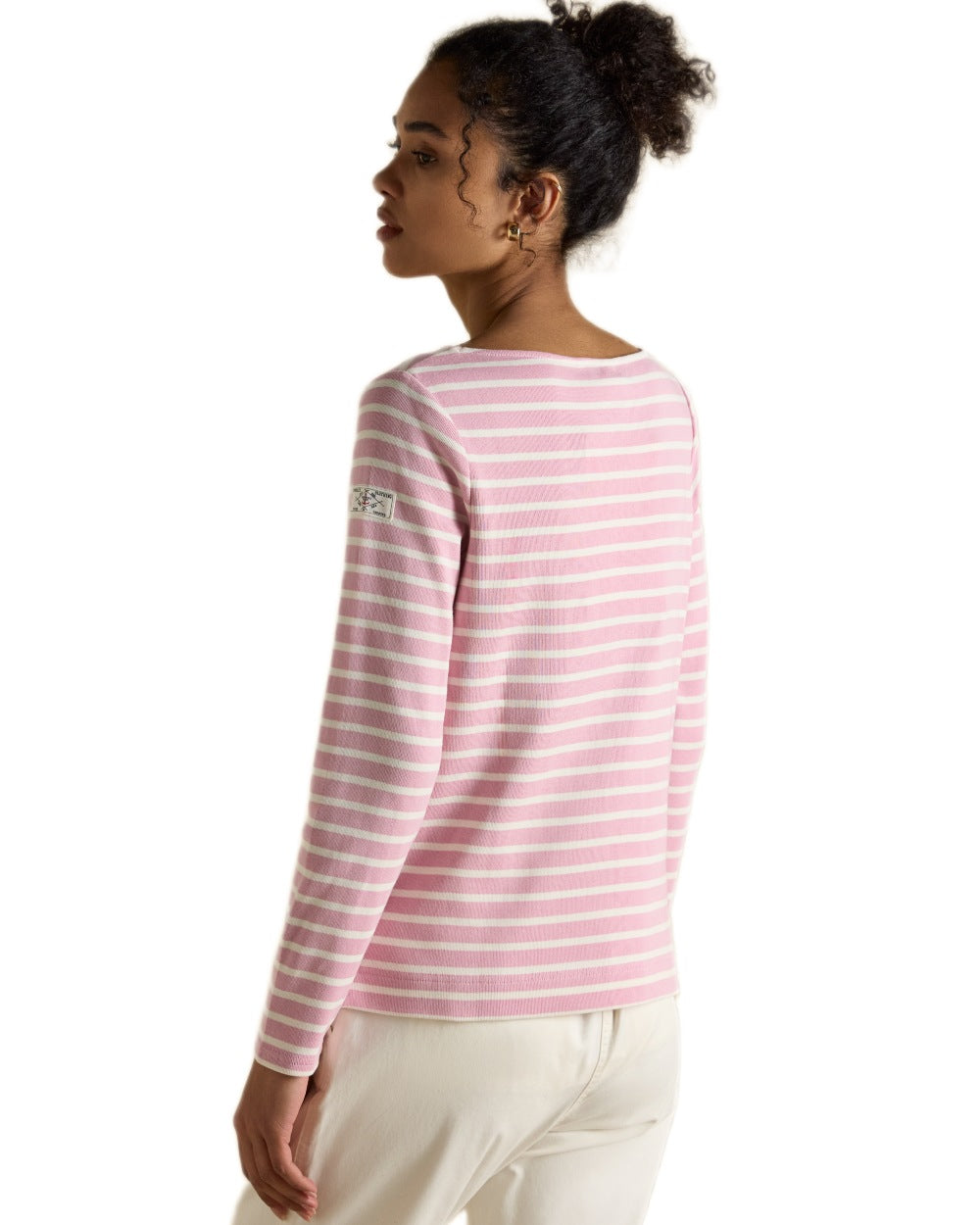 Pink Stripe coloured Joules Womens Harbour Long Sleeve Striped Boat Neck Breton Top on white background