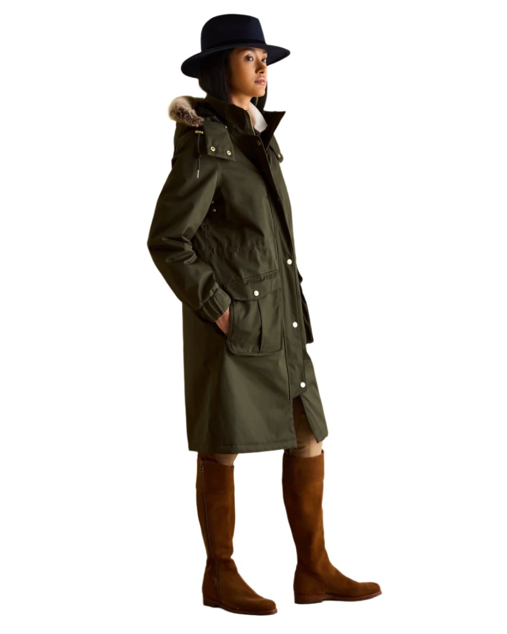 Khaki Green Coloured Joules Womens Harpsden Cosy Waterproof Fleece Lined Raincoat With Faux Fur Hood on white background