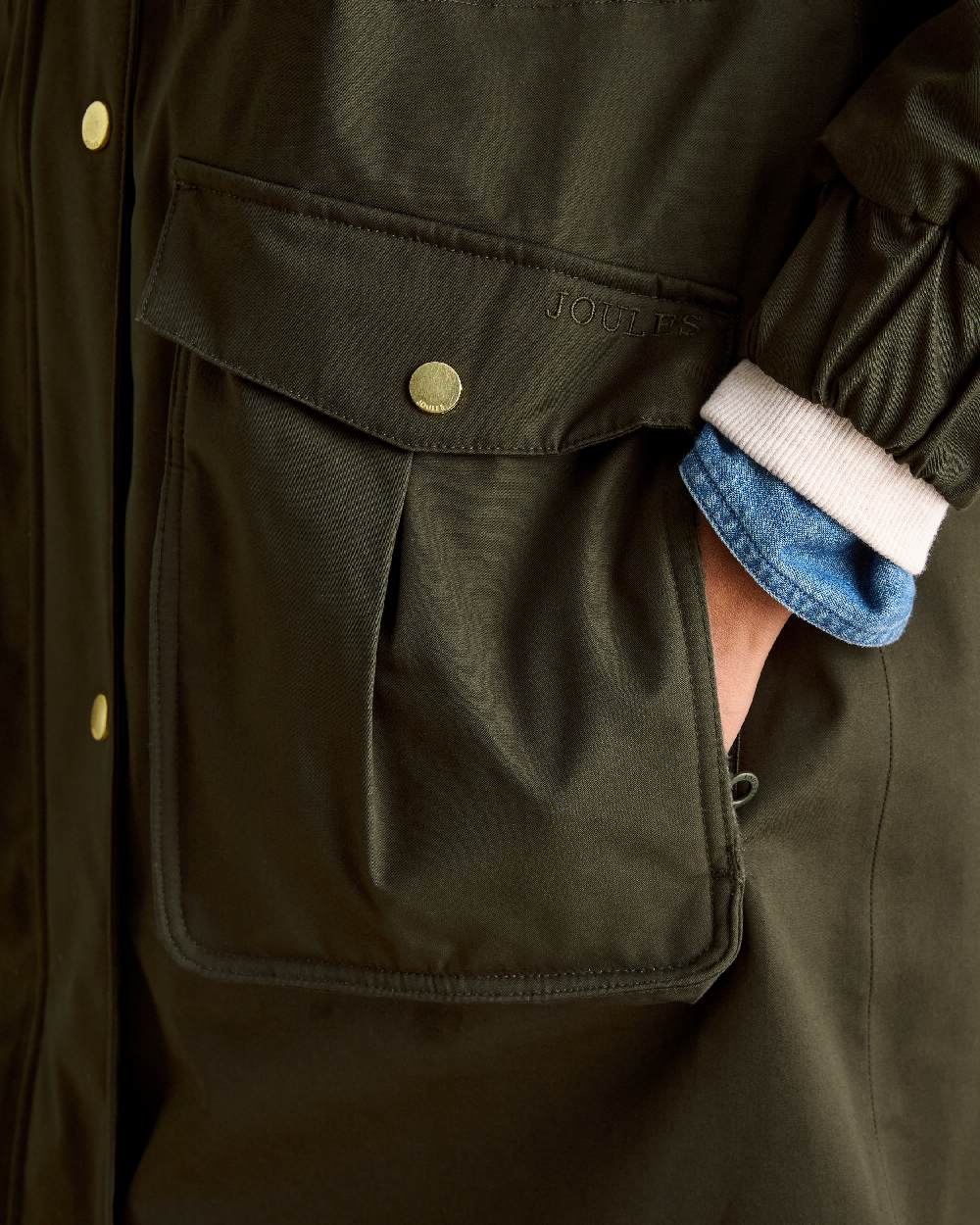 Khaki Green Coloured Joules Womens Harpsden Cosy Waterproof Fleece Lined Raincoat With Faux Fur Hood on white background