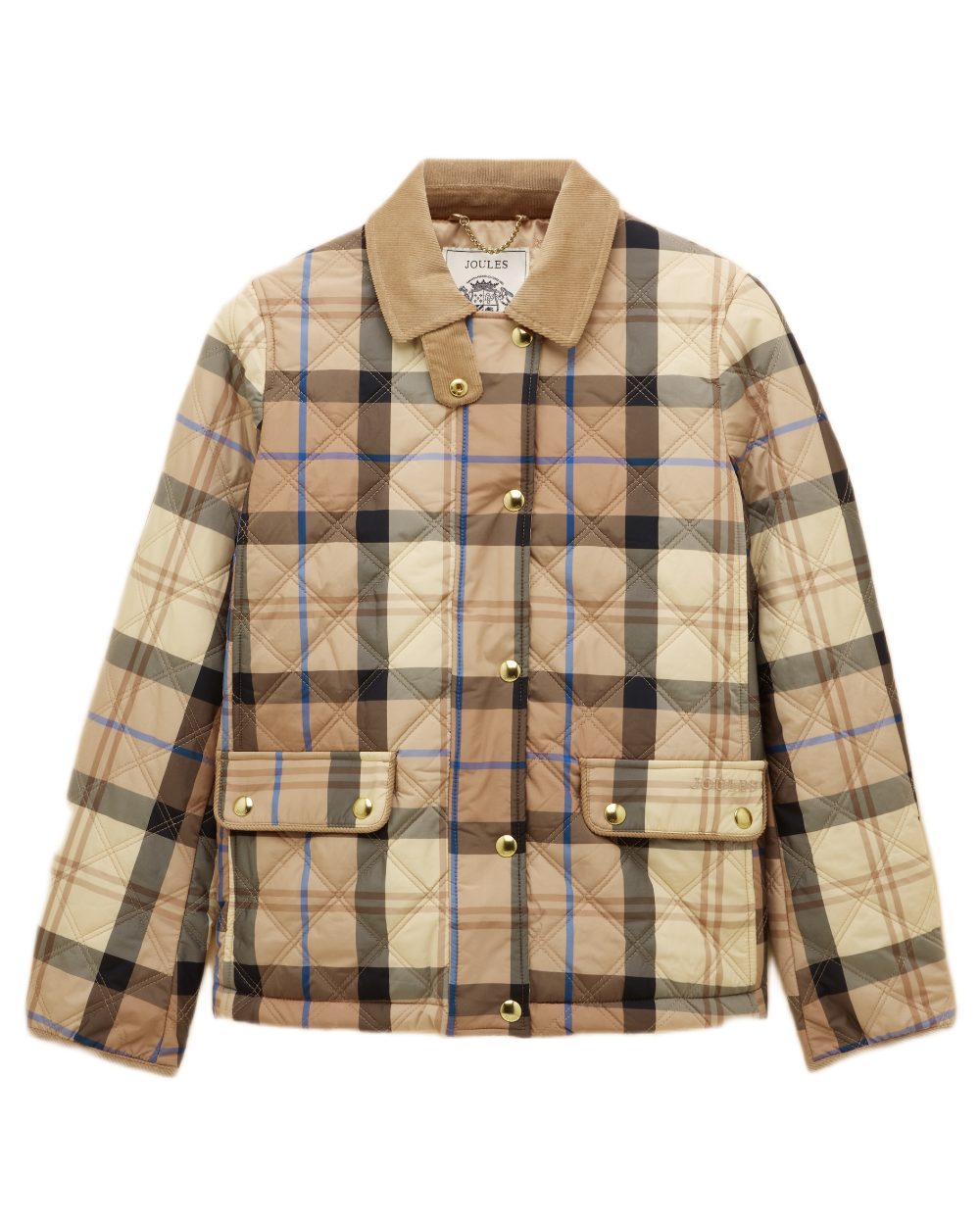 Brown check coloured Joules Womens Harrogate Showerproof Diamond Quilted Barn Jacket on white background