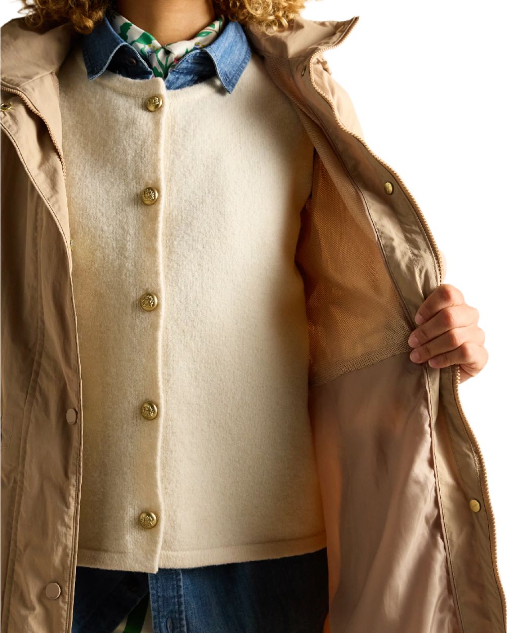 Tan Brown coloured Joules Womens Hensley Waterproof Longline Coat with Packable Hood on white background