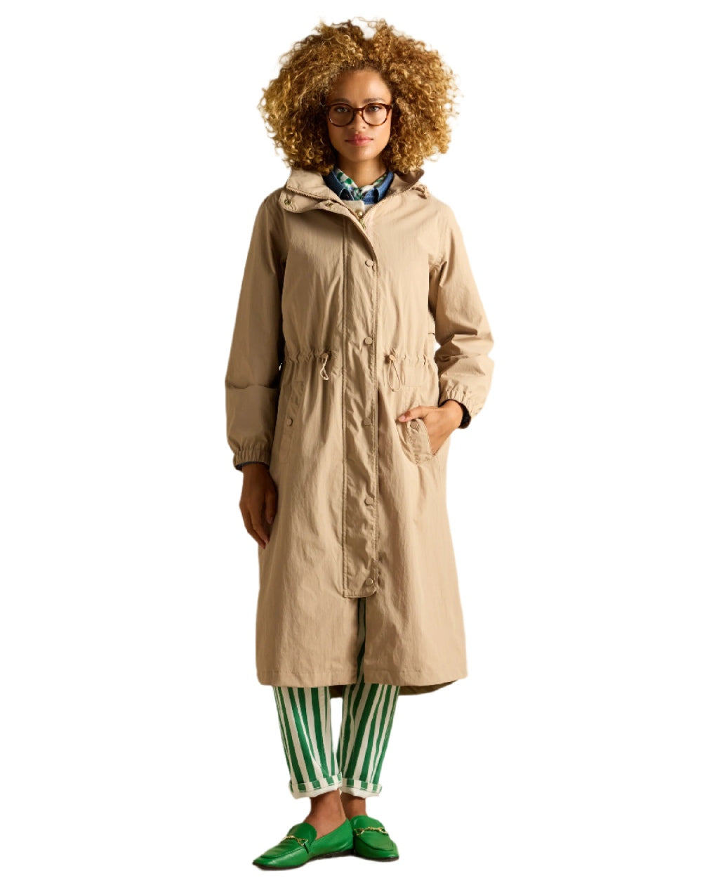 Tan Brown coloured Joules Womens Hensley Waterproof Longline Coat with Packable Hood on white background
