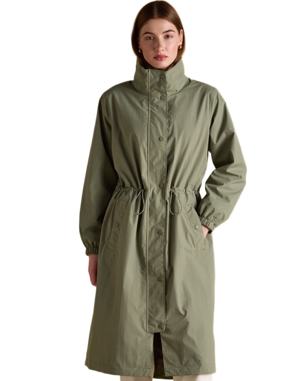 Khaki Green coloured Joules Womens Hensley Waterproof Longline Coat with Packable Hood on white background