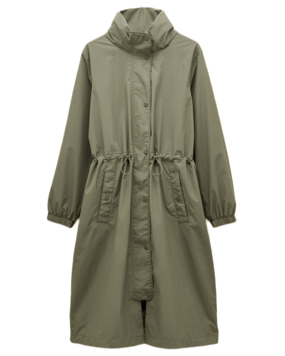 Khaki Green coloured Joules Womens Hensley Waterproof Longline Coat with Packable Hood on white background