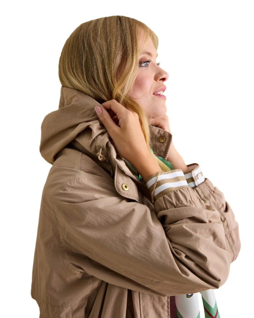 Tan Brown coloured Joules Womens Hensley Waterproof Longline Coat with Packable Hood on white background