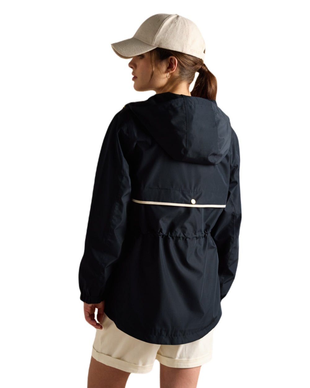 Navy coloured Joules Womens Holt Short Packable Raincoat on white background