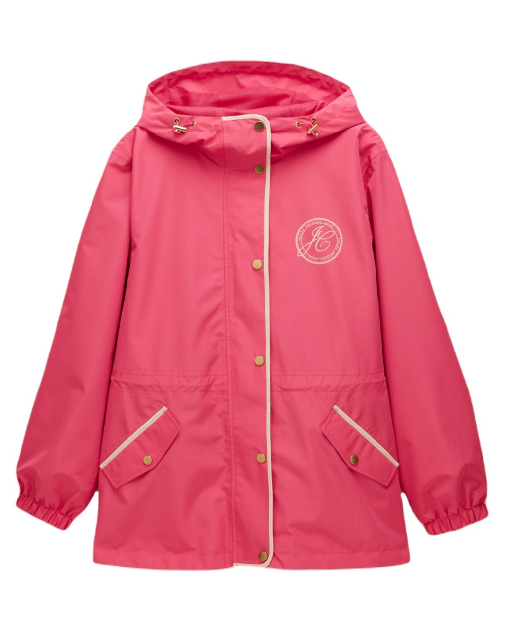 Pink coloured Joules Womens Holt Short Packable Raincoat on white background