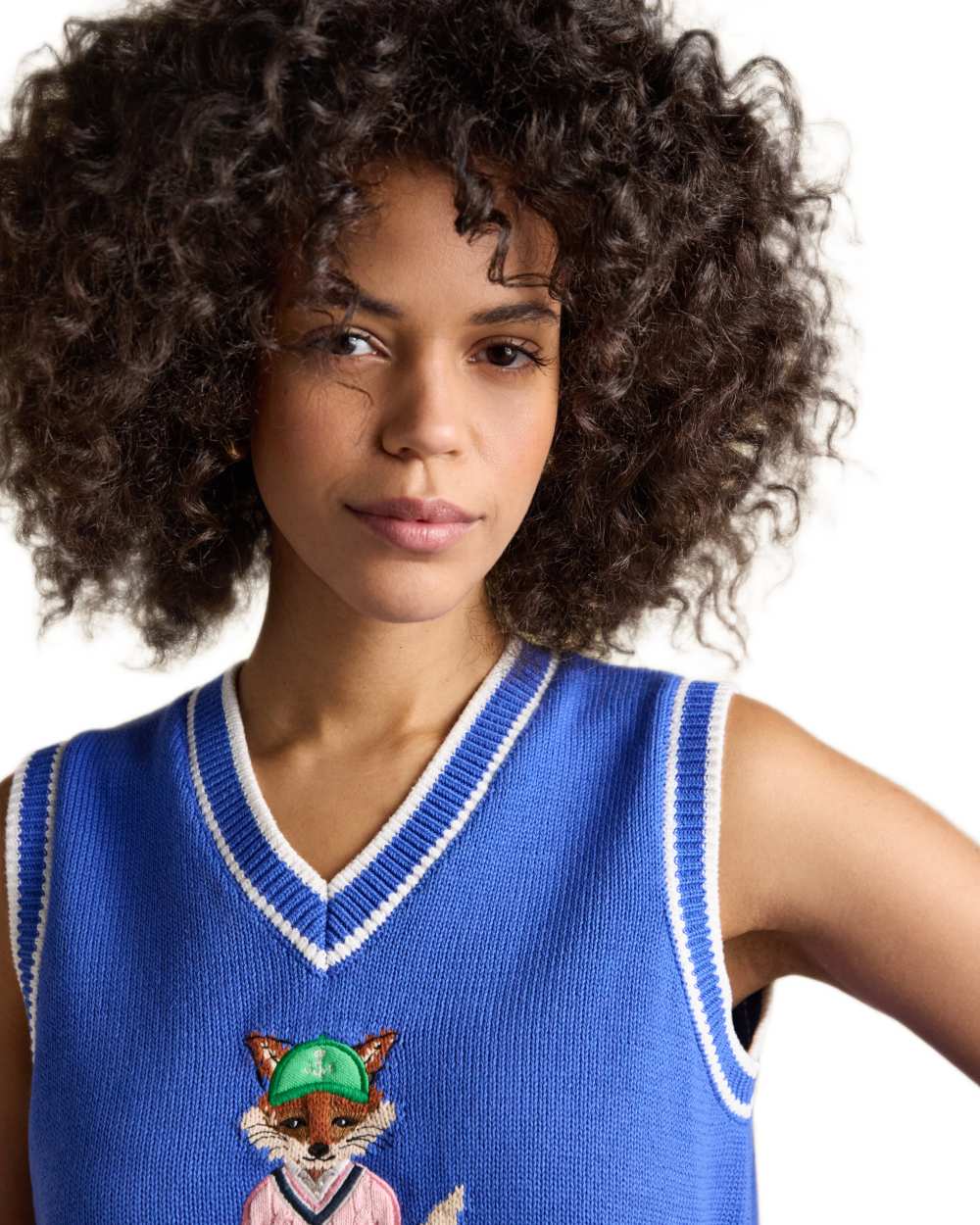Blue coloured Joules Womens Jonty Fox Intarsia Knitted Cotton Vest on white background
