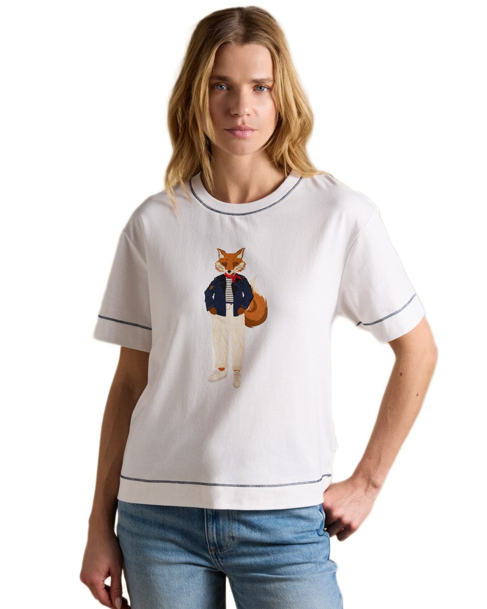 White coloured Joules Womens Jonty Graphic T-Shirt on white background