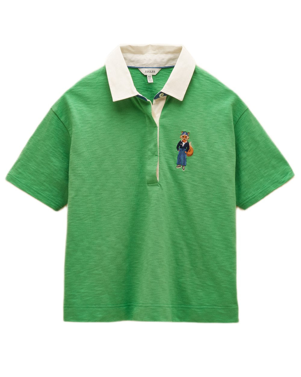 Green coloured Joules Womens Jonty Short Sleeve Cotton Rugby Shirt on white background