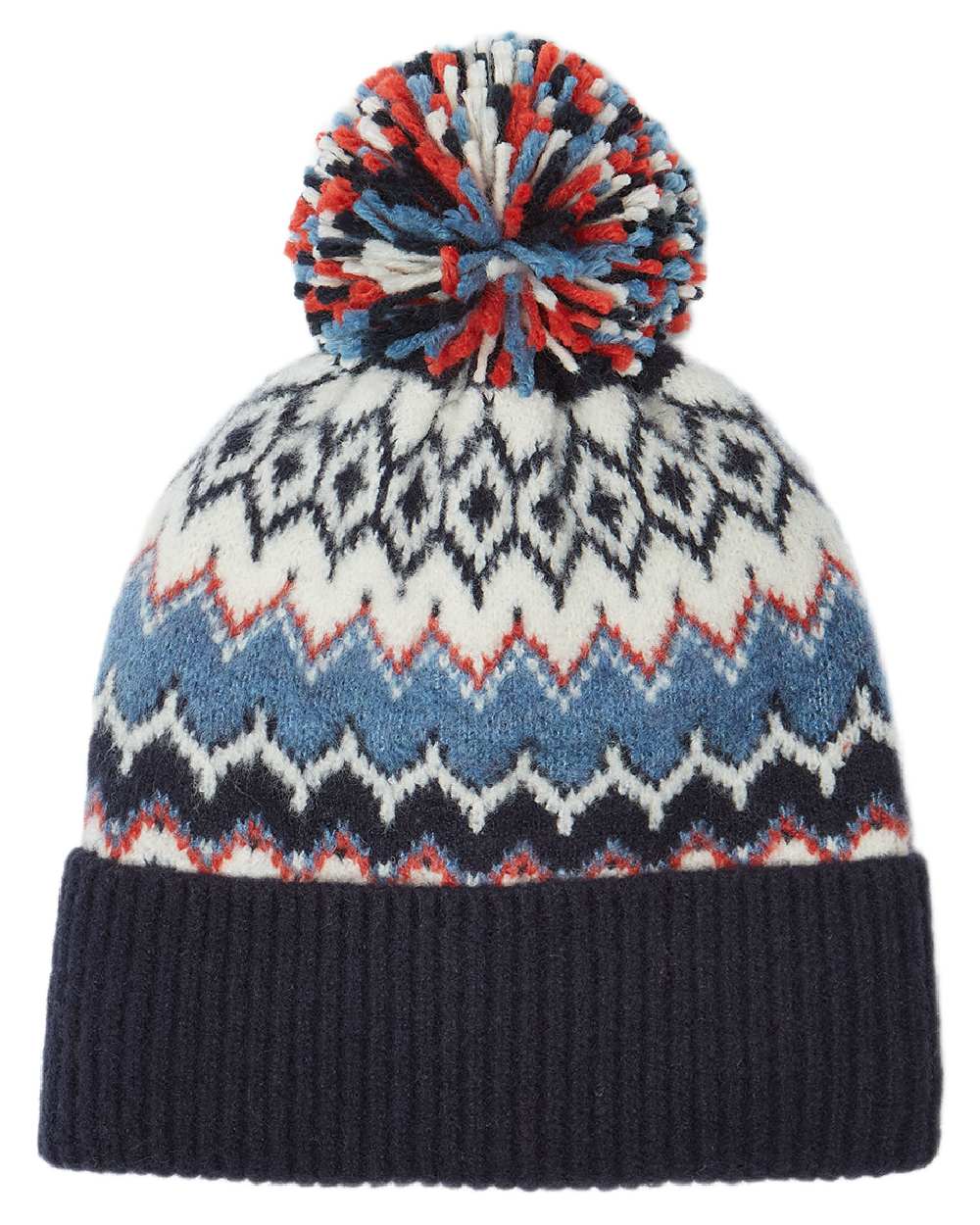 Navy Coloured Joules Womens Kara Fairisle Bobble Hat on white background
