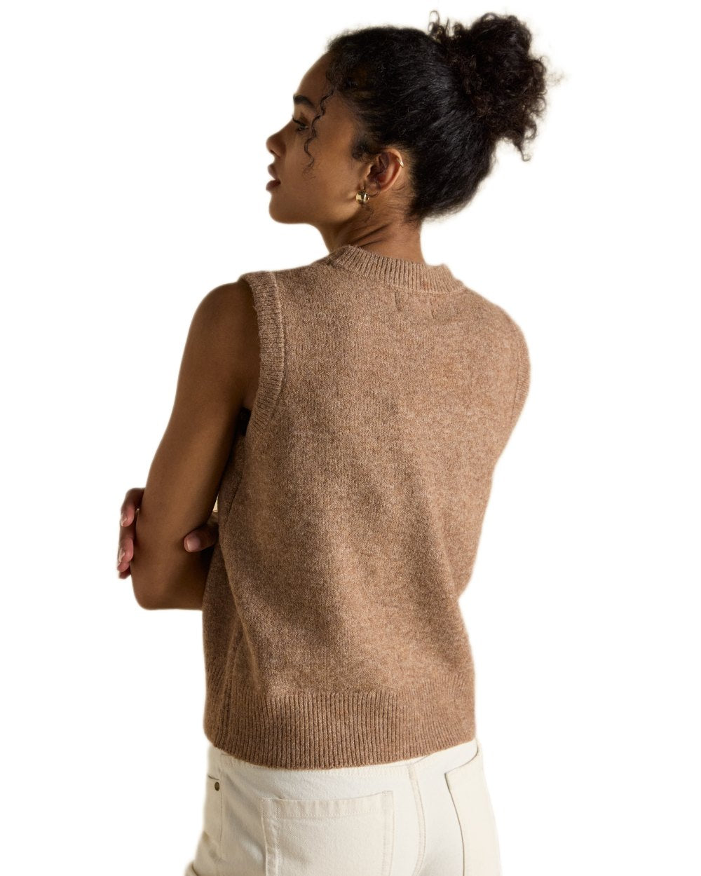 Tan coloured Joules Womens Holly Knitted Vest on white background