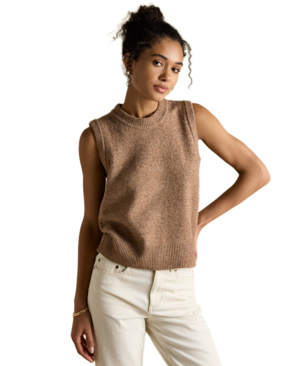 Tan coloured Joules Womens Holly Knitted Vest on white background