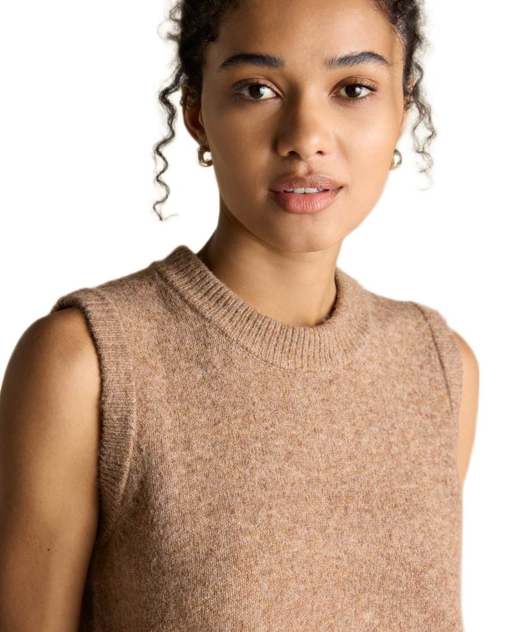 Tan coloured Joules Womens Holly Knitted Vest on white background