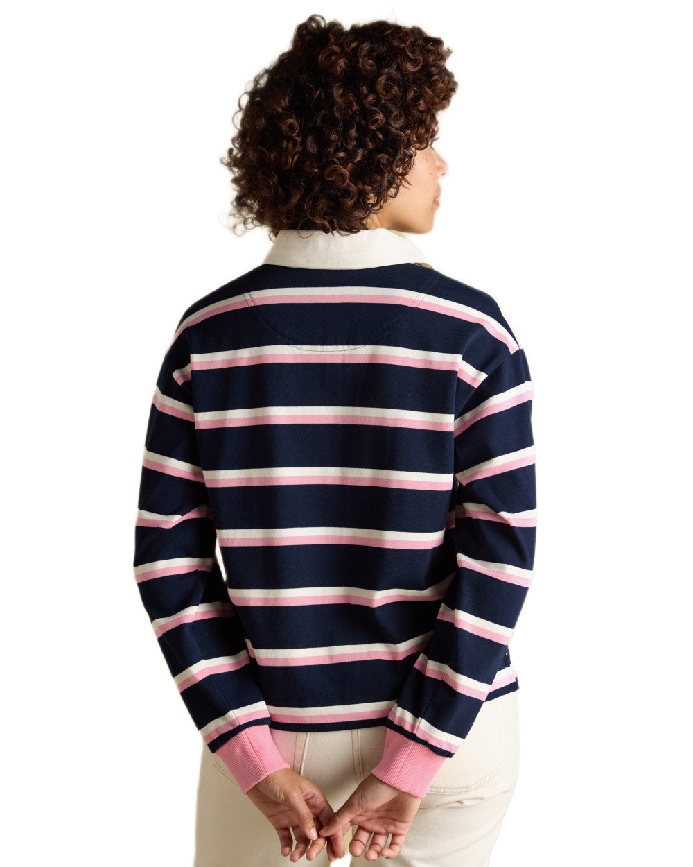 Navy Pink coloured Joules Womens Lara Long Sleeve Top on white background