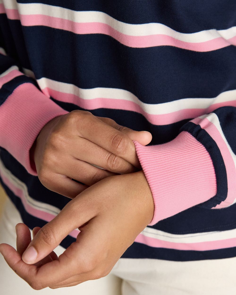 Navy Pink coloured Joules Womens Lara Long Sleeve Top on white background