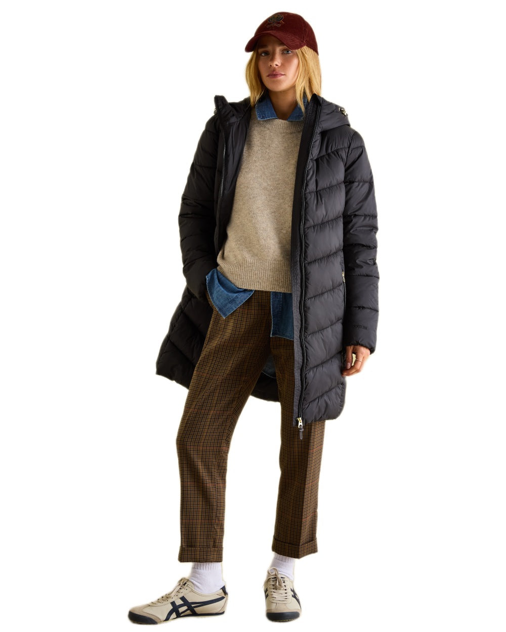 Black coloured Joules Womens Mid Length Showerproof Padded Coat With Hood on white background
