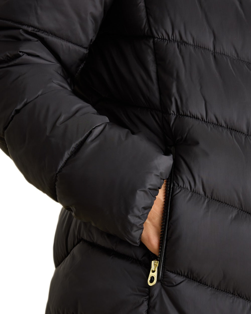Black coloured Joules Womens Mid Length Showerproof Padded Coat With Hood on white background