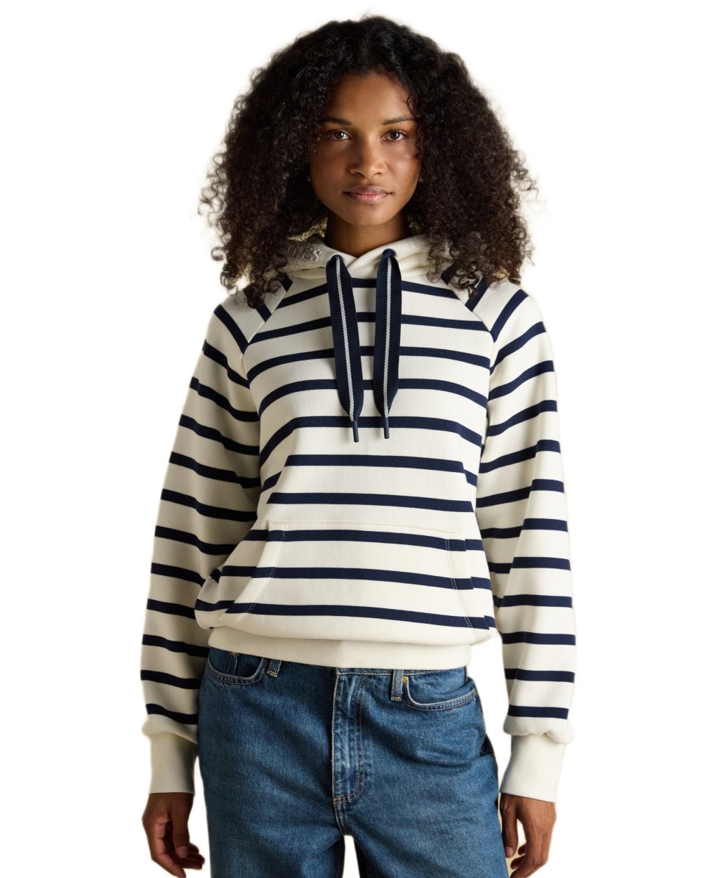 Cream Navy Stripe coloured Joules Womens Milbourne Hoodie on white background