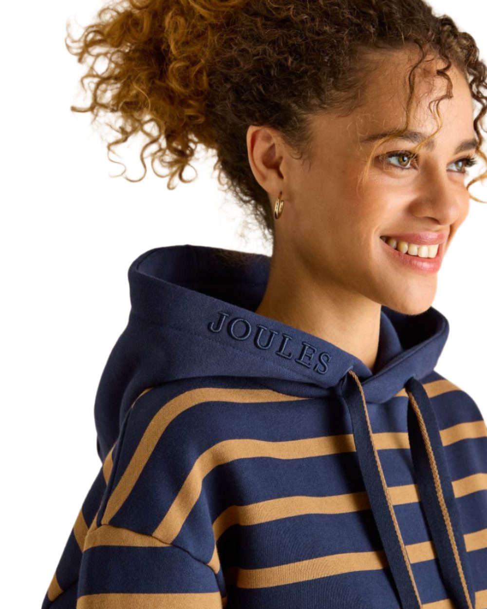 Navy Tan Stripe coloured Joules Womens Milbourne Hoodie on White Background