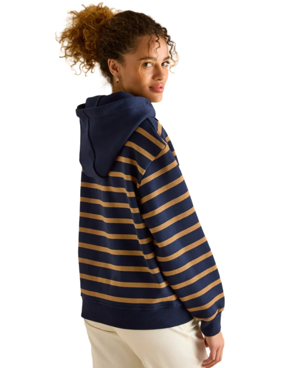 Navy Tan Stripe coloured Joules Womens Milbourne Hoodie on White Background