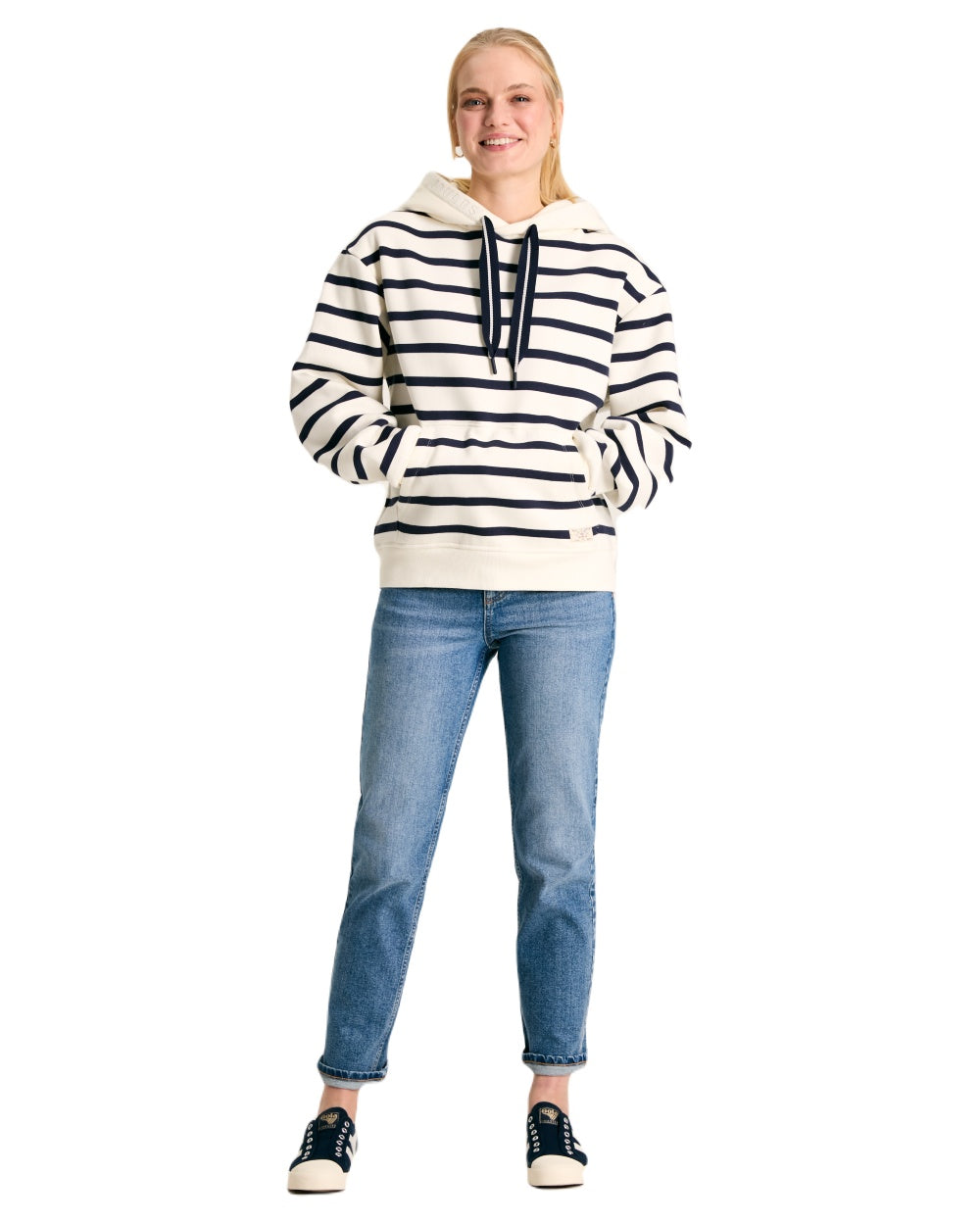 Navy White Stripe coloured Joules Womens Milbourne Hoodie on White Background