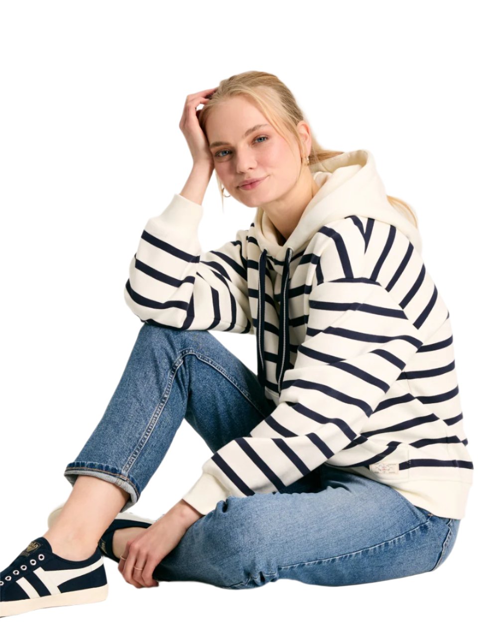 Navy White Stripe coloured Joules Womens Milbourne Hoodie on White Background