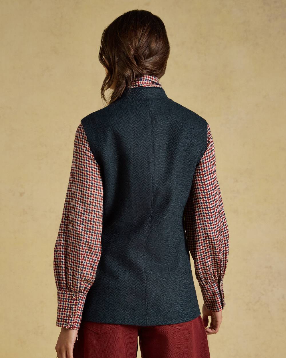 Navy Coloured Joules Womens Nehru Tweed Fitted Gilet on Beige Background