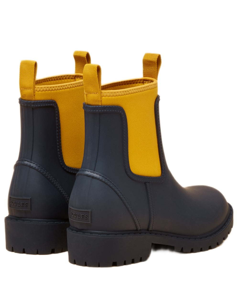 Navy Yellow Coloured Joules Womens Oakfield Short Neoprene Lined Wellies on white background