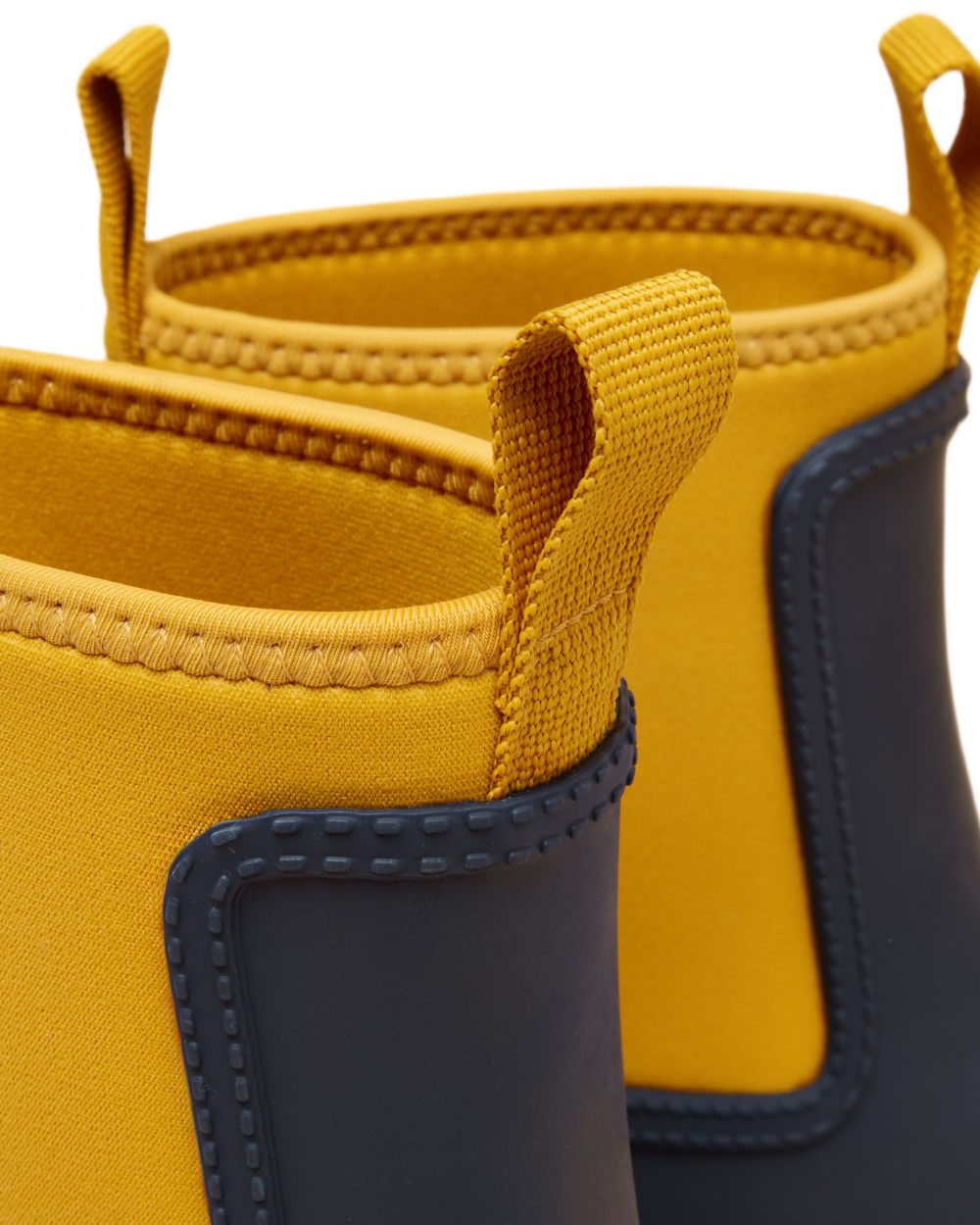 Navy Yellow Coloured Joules Womens Oakfield Short Neoprene Lined Wellies on white background