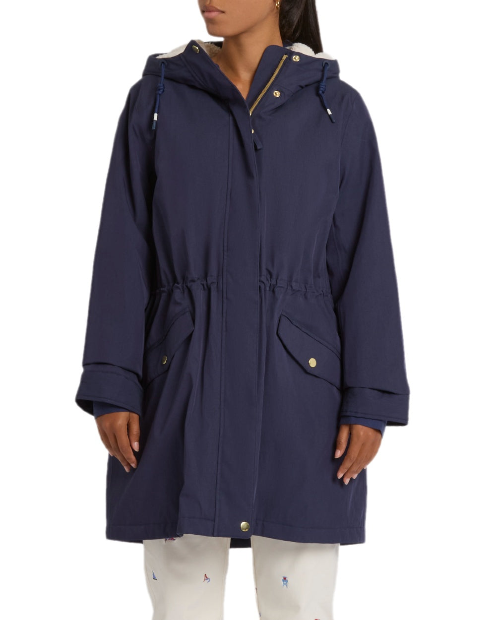 Navy Coloured Joules Womens Portwell Cosy Fleece Lined Waterproof Mac on white background