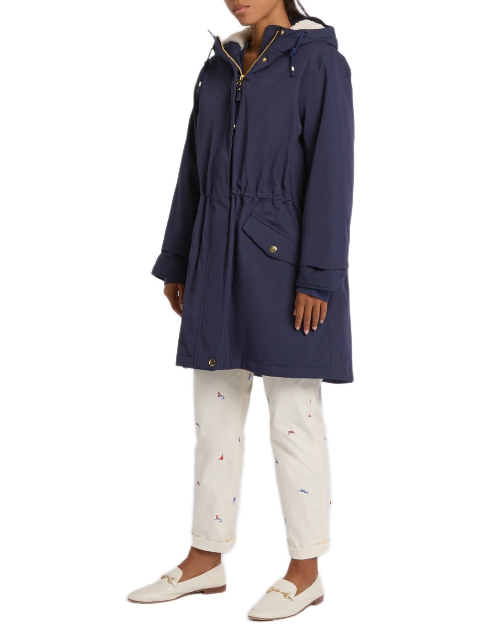 Navy Coloured Joules Womens Portwell Cosy Fleece Lined Waterproof Mac on white background