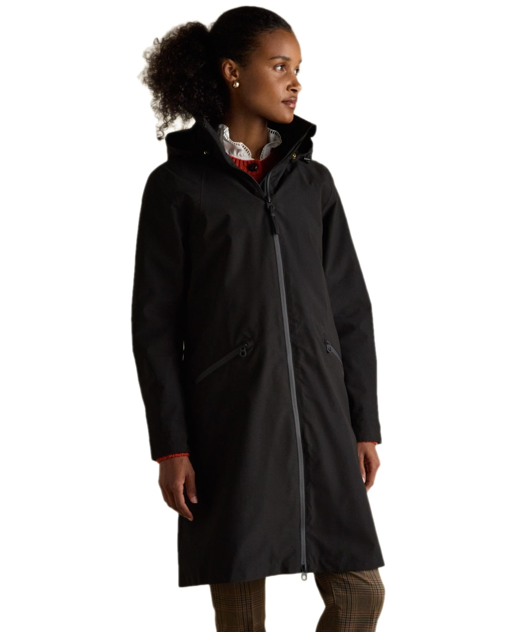 Black Coloured Joules Womens Rainaway Waterproof Longline Raincoat on white background