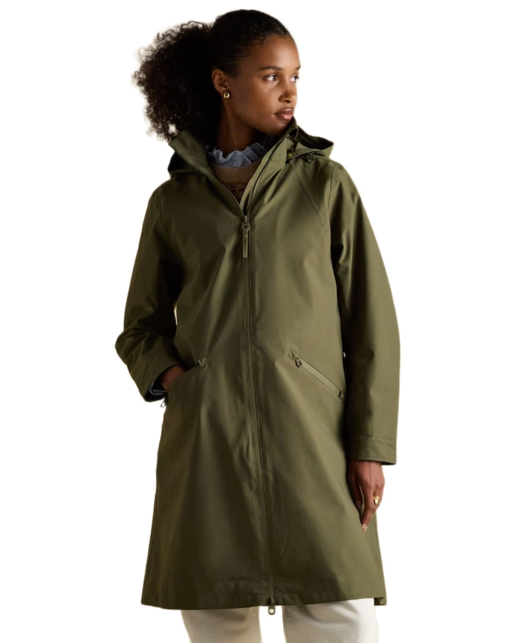 Green Grapeleaf Coloured Joules Womens Rainaway Waterproof Longline Raincoat on white background