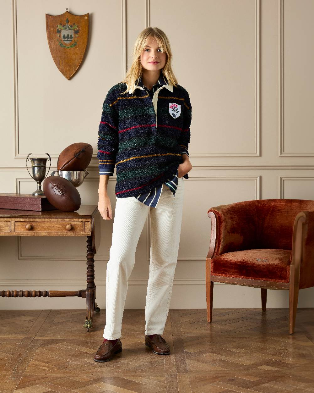 Navy Coloured Joules Womens Rugby Fleece Jacket on indoor background