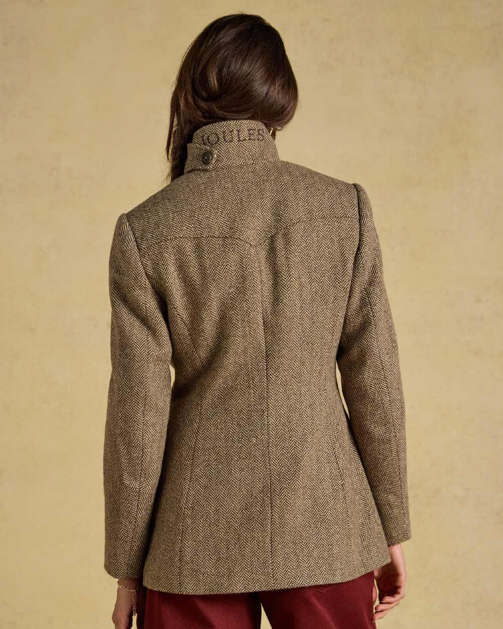 Brown Herringbone Coloured Joules Womens Saddlebury longline Jacket On Beige Background