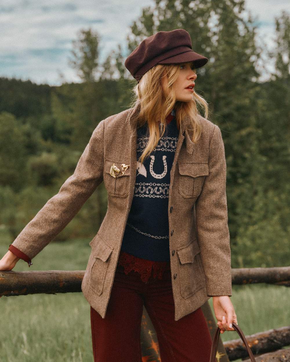 Brown Herringbone Coloured Joules Womens Saddlebury longline Jacket On Hill Background