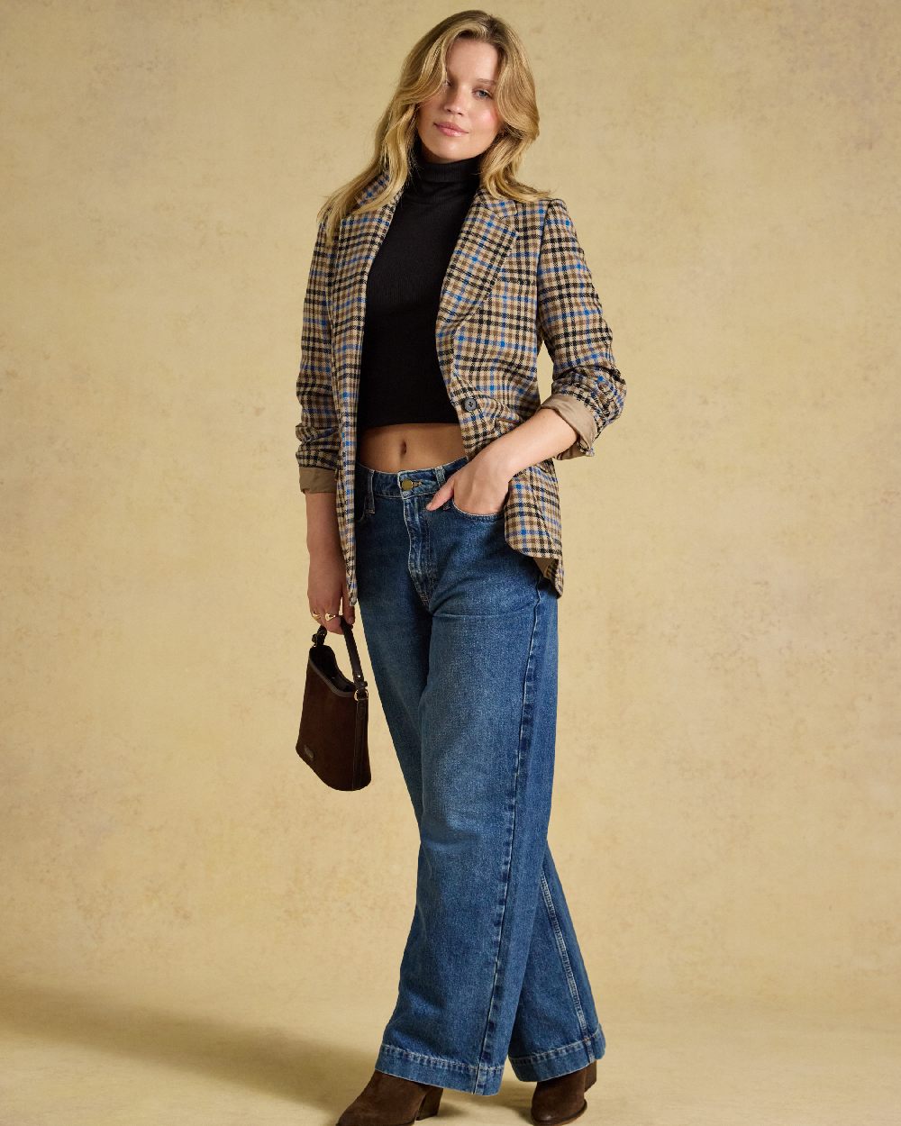 Pendle Tweed Coloured Joules Womens Thronwick Check relaxed Fit Wool Rich Tweed Blazer on Beige Background